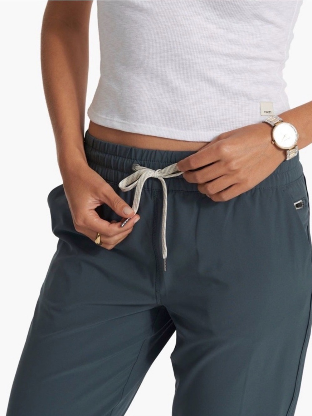 Vuori Women's Track Joggers in Slate Blue with Cream Drawstring - Picture 3 of 14